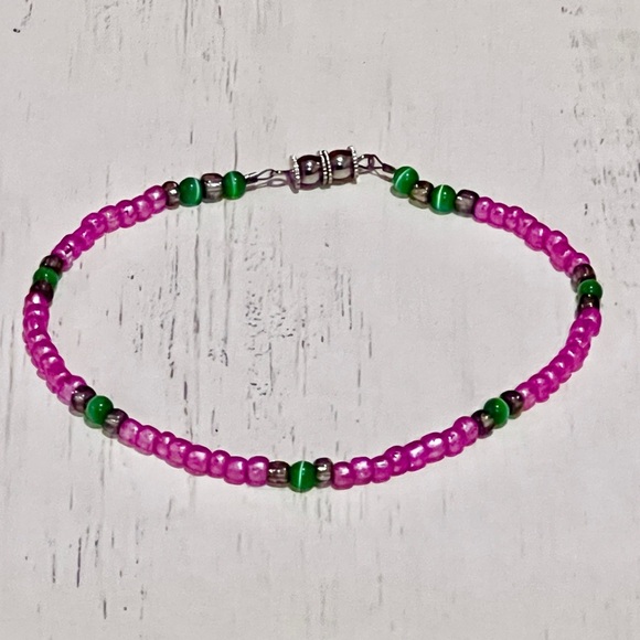 Pink and Green Handmade Beaded Ankle Bracelet - Picture 5 of 7